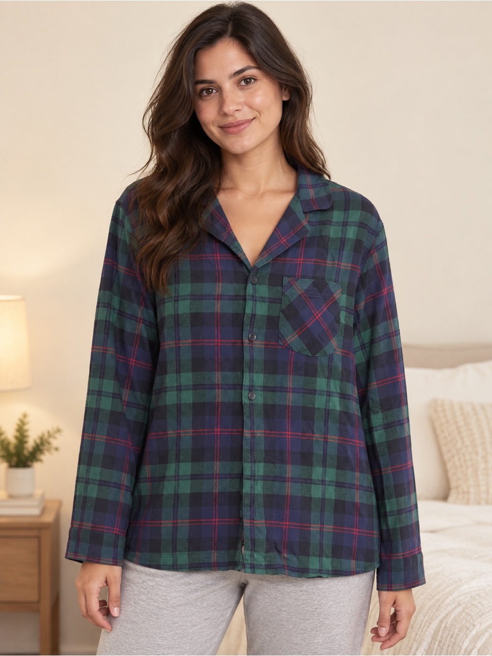 Old Navy Women's Plaid Pajama Top Cotton Shirt Long Sleeve Blue Green Red Size M